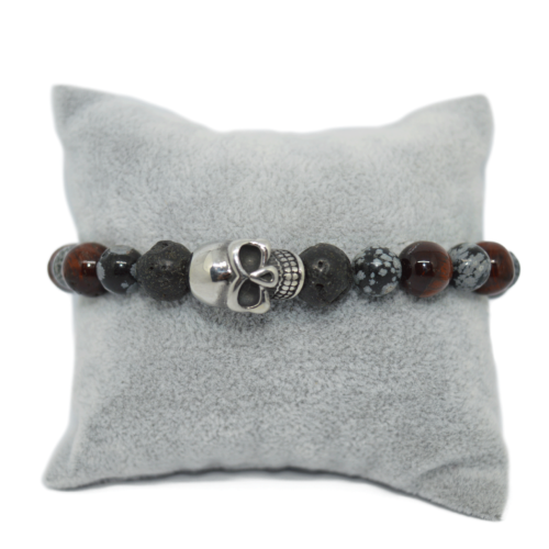 Bracelet élastique – Crâne titanesque – Œil de taureau et Obsidienne flocon de neige